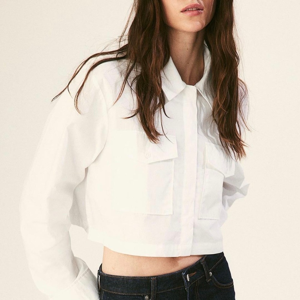 HM Divided White Cropped Utility Shirt M Cotton Poplin Boxy Long Sleeve Scandi